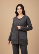 Women's long gray button-down sweater with embroidered neckline and two front pockets, perfect for cool weather.