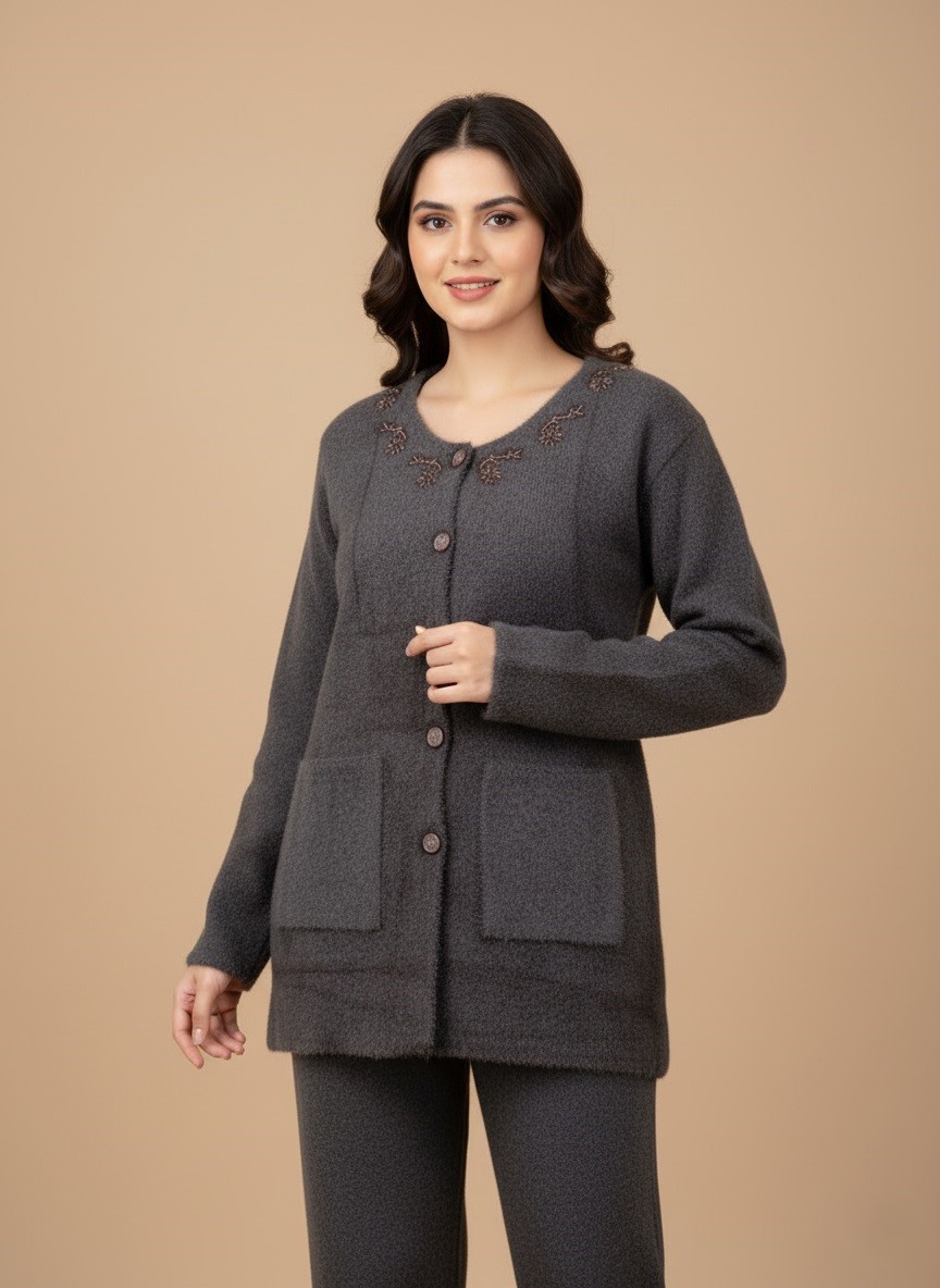 Women's Long Embroidered Button-Down Sweater with Pockets Women's long gray button-down sweater with embroidered neckline and two front pockets, perfect for cool weather.