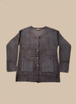 Women's long gray button-down sweater with embroidered neckline and two front pockets, perfect for cool weather.