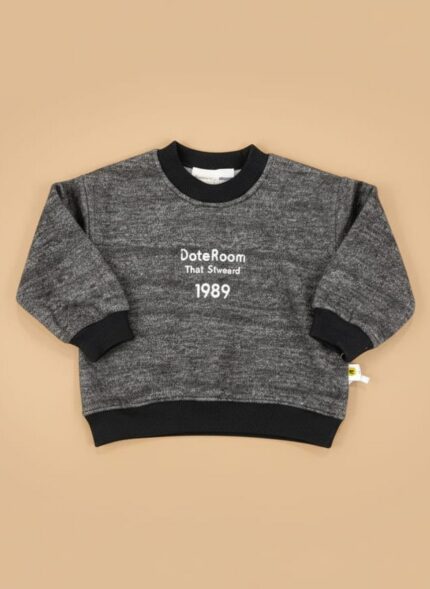 Grey kids sweater with black ribbed cuffs and embroidered “DoteRoom 1989” text.