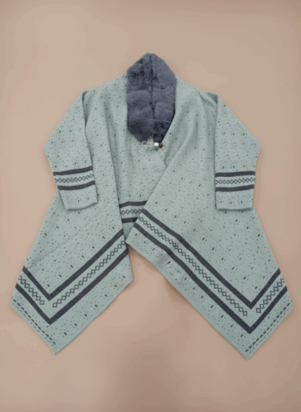 Mint green women's knit sweater with a grey faux fur collar and dark patterned accents.