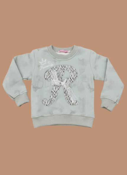 Mint green kids' crewneck sweater with a large, textured sequin 'R' appliqué on the front