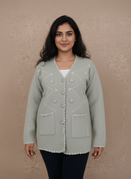 Women's sage green V-neck embellished button-front cardigan sweater with scallop trim and front pockets on a light brown background.