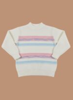 A neatly folded white knit kids striped sweater with horizontal pastel pink and blue stripes, featuring a mock neck and ribbed cuffs and hem, against a solid background.