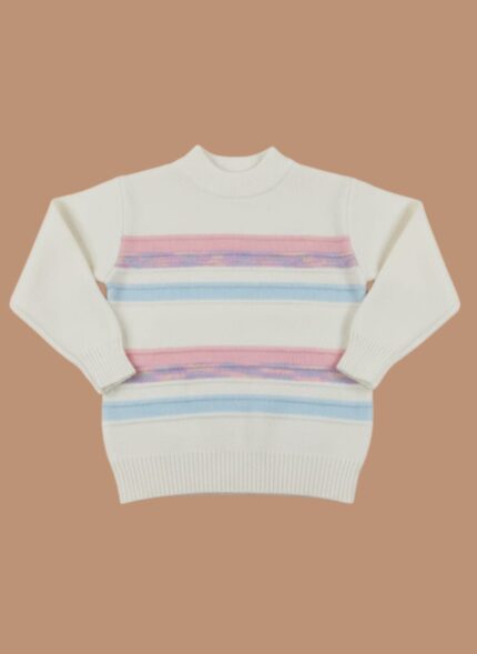 A neatly folded white knit kids striped sweater with horizontal pastel pink and blue stripes, featuring a mock neck and ribbed cuffs and hem, against a solid background.