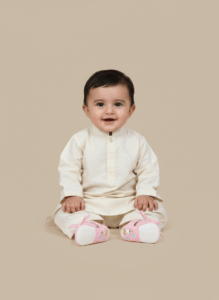 Baby wearing pink bunny soft baby shoes sitting in cream outfit.