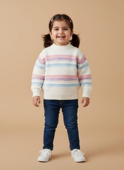 Toddler girl wearing a striped knit sweater with pink, blue, and white stripes, blue jeans, and white sneakers, smiling brightly.