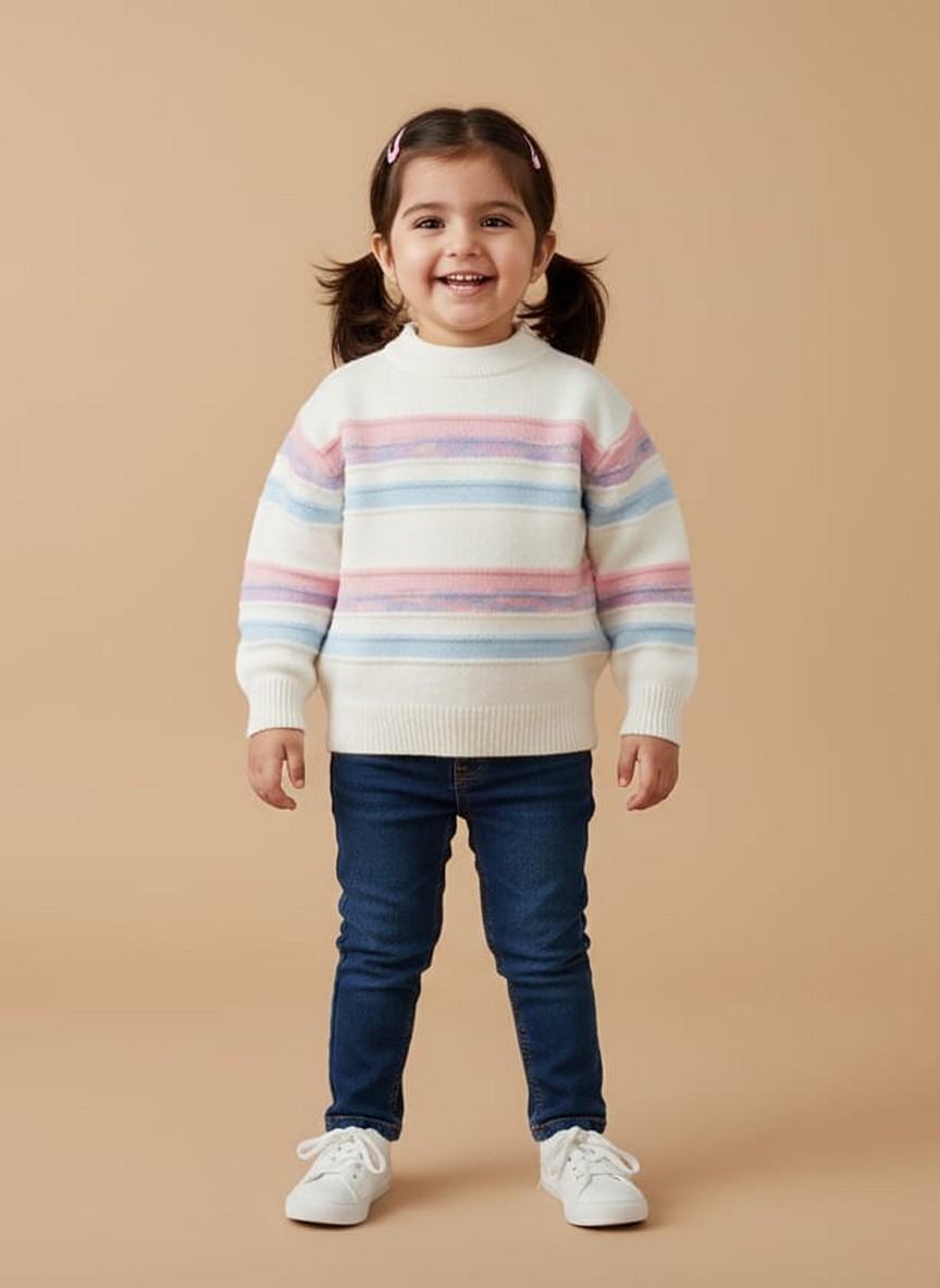 Adorable Striped Toddler Girl Sweater Toddler girl wearing a striped knit sweater with pink, blue, and white stripes, blue jeans, and white sneakers, smiling brightly.