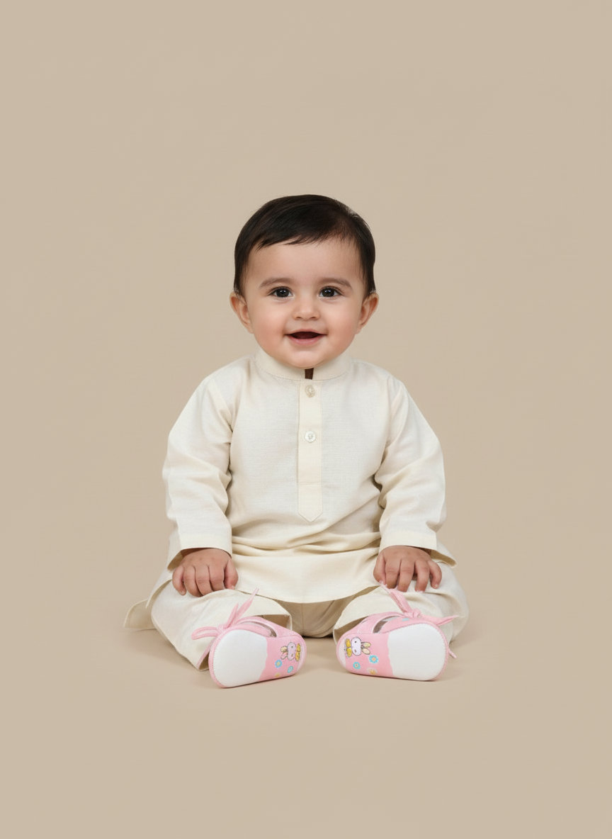 Baby wearing pink bunny soft baby shoes sitting in cream outfit.