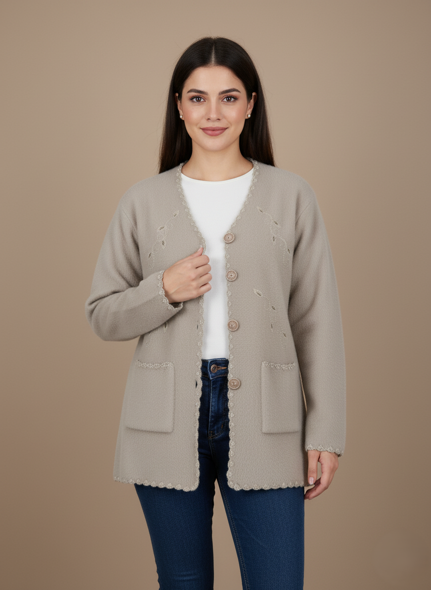 Women's Button-Front Embroidered Sweater Light beige women's button-front sweater with decorative embroidery, two front pockets, and scalloped edges on a neutral background.