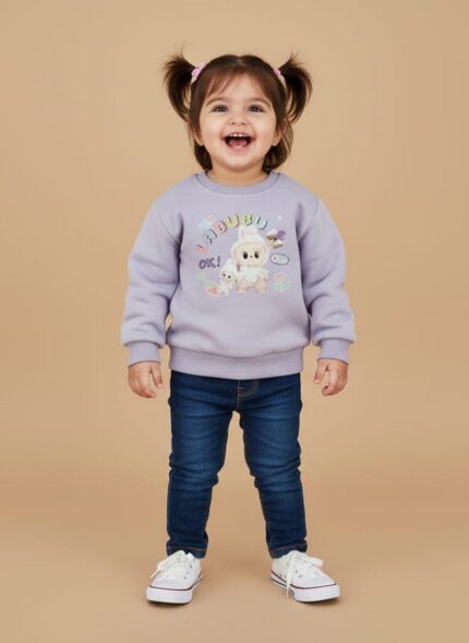 Toddler girl smiling in a purple bunny graphic sweater and blue jeans.