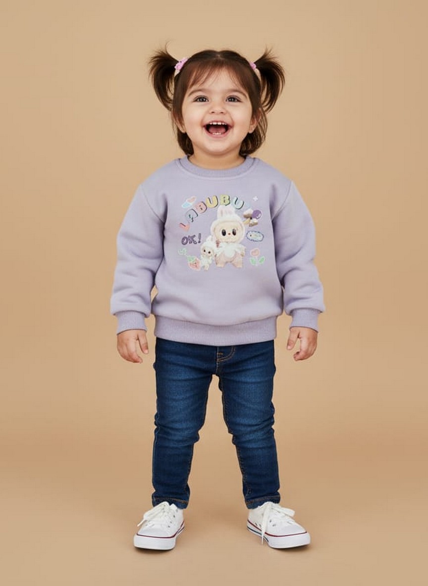 Adorable Toddler Girl Purple Bunny Graphic Sweatshirt Toddler girl smiling in a purple bunny graphic sweater and blue jeans.