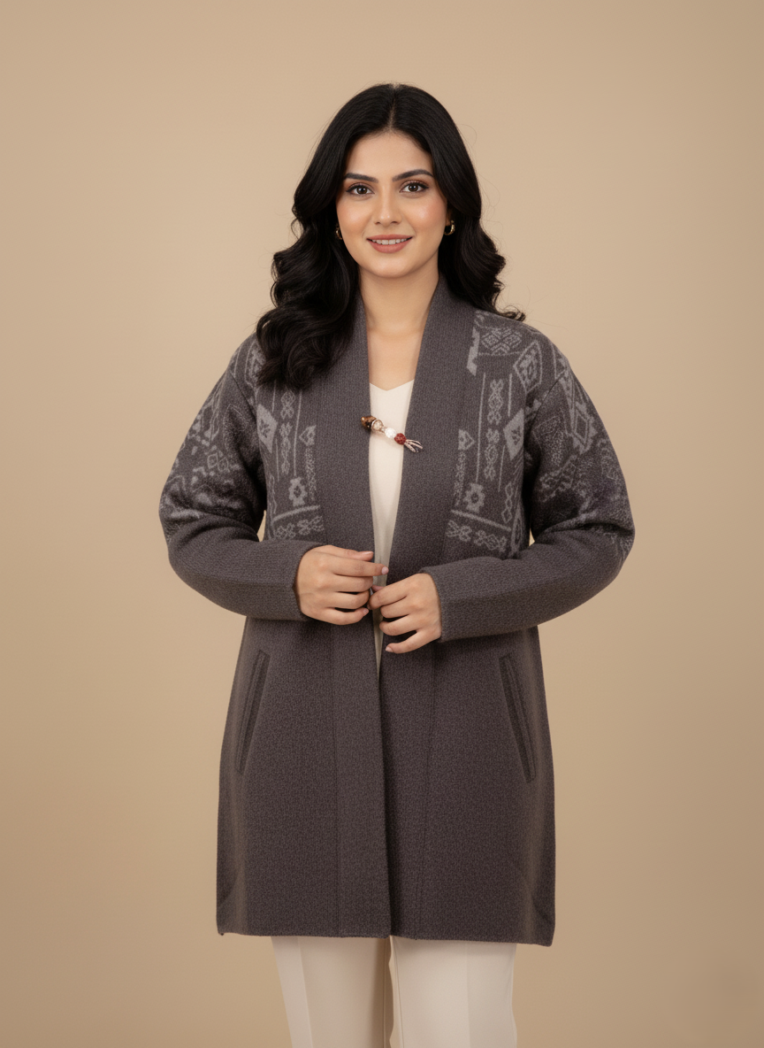 Women's Artisan Alpaca Sweater - Open Front Geometric Knit Cardigan Women's dark gray open-front alpaca sweater with light gray geometric knit patterns and a decorative pin.