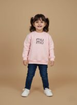 A smiling toddler girl wearing a light pink sweater with dark blue jeans and white sneakers, standing against a beige background. The sweater has "miu miu" written on it.
