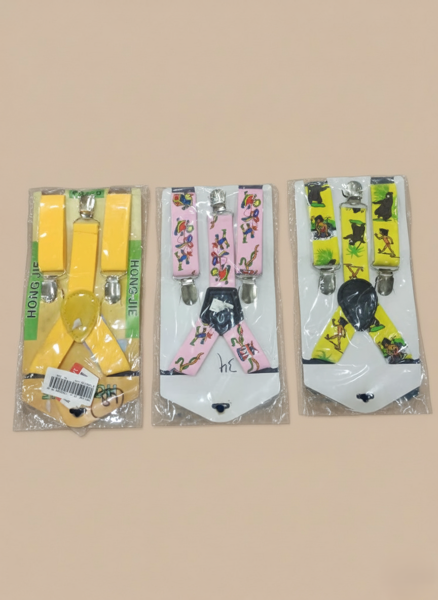 Adjustable baby suspenders in yellow, pink, and cartoon designs with metal clips