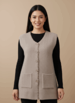 SmartMauve women's heathered beige button-front sweater vest with scalloped V-neck and two front pockets on a light background.