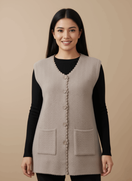 SmartMauve women's heathered beige button-front sweater vest with scalloped V-neck and two front pockets on a light background.