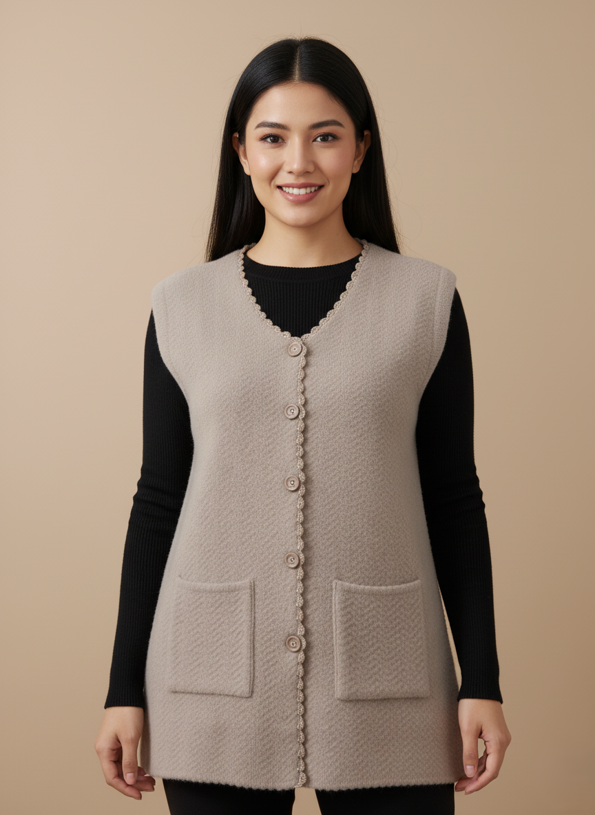 Women's SmartMauve Heathered Button-Front Sweater Vest with Pockets SmartMauve women's heathered beige button-front sweater vest with scalloped V-neck and two front pockets on a light background.