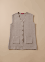 SmartMauve women's heathered beige button-front sweater vest with scalloped V-neck and two front pockets on a light background.