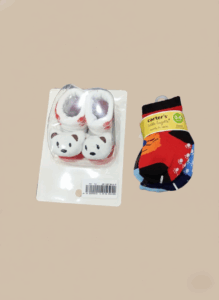Soft cotton baby socks and booties set for newborns 0–6 months featuring bear slippers and colorful Carter’s socks.