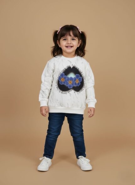 Young girl smiling in a white kids marble print sweater with a central blue and yellow heart design, dark blue jeans, and white sneakers.