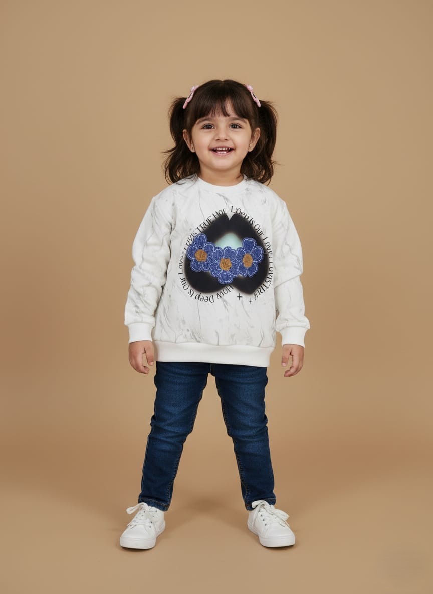 Kids Marble Print Sweater with Heart Design Young girl smiling in a white kids marble print sweater with a central blue and yellow heart design, dark blue jeans, and white sneakers.