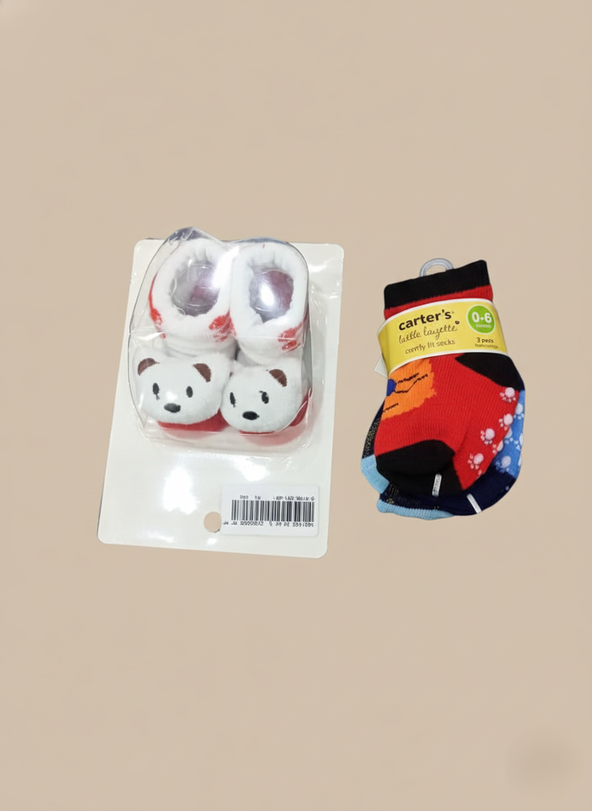 Soft cotton baby socks and booties set for newborns 0–6 months featuring bear slippers and colorful Carter’s socks.