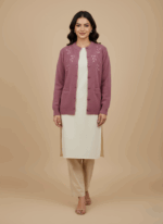 Dusty rose women's knit sweater with embroidered leaves and front pockets.
