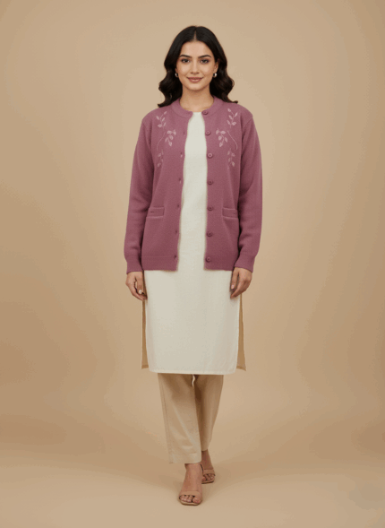 Dusty rose women's knit sweater with embroidered leaves and front pockets.