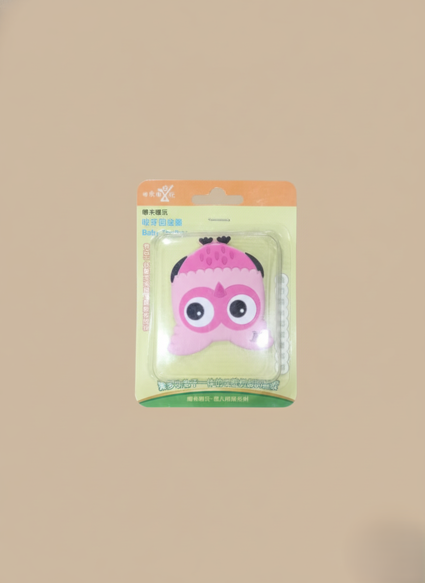 Pink owl-shaped silicone baby teether toy for infants, BPA-free and safe for teething relief.