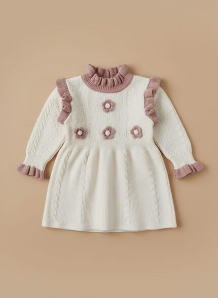 Cream colored baby girl knit sweater dress with pink ruffled collar, cuffs, and floral appliques, laid flat on a neutral background.