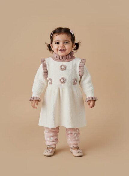 Happy baby girl in a cream knit sweater dress with pink ruffles and floral accents, wearing matching pink leggings.