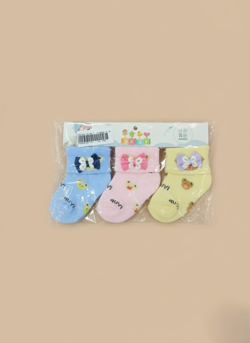 Pack of 3 cute baby socks set with bows and bear print in blue, pink, and yellow colors.