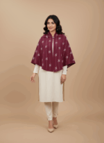 Burgundy Japanese kimono sweater with white geometric patterns, open-front kimono cardigan, elegant women's sweater.