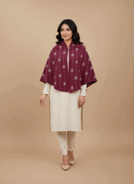 Burgundy Japanese kimono sweater with white geometric patterns, open-front kimono cardigan, elegant women's sweater.