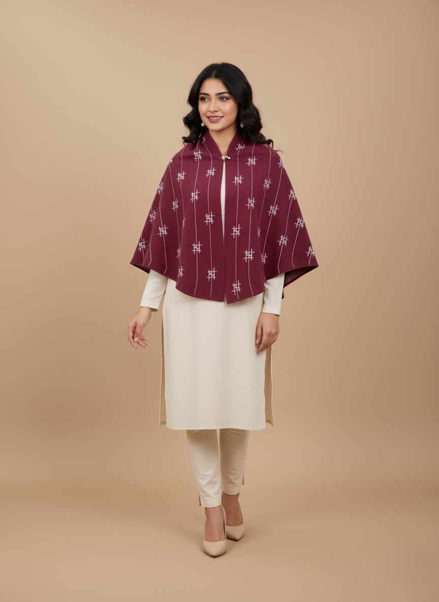 Women's Japanese Kimono Sweater Burgundy Japanese kimono sweater with white geometric patterns, open-front kimono cardigan, elegant women's sweater.