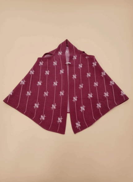 Burgundy Japanese kimono sweater with white geometric patterns, open-front kimono cardigan, elegant women's sweater.