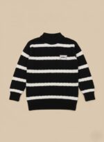 Black and white striped mock neck sweater for kids, laid flat, with a small "min" label on the chest, showcasing a comfortable kids striped sweater.