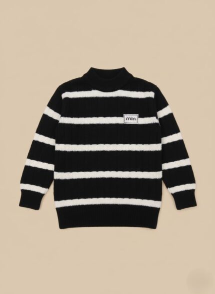 Black and white striped mock neck sweater for kids, laid flat, with a small "min" label on the chest, showcasing a comfortable kids striped sweater.