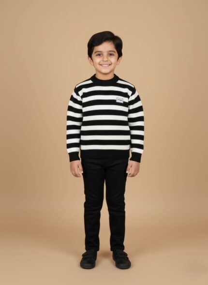 Young boy smiling, wearing a black and white striped sweater and black pants, showcasing a comfortable kids striped sweater.