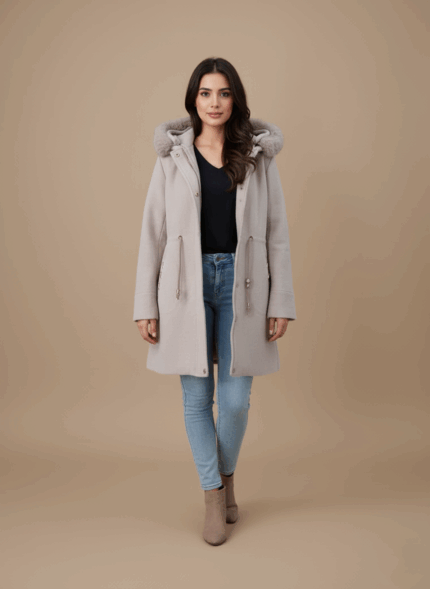 Women's winter parka with faux fur hood and drawstring waist in light grey, front view.