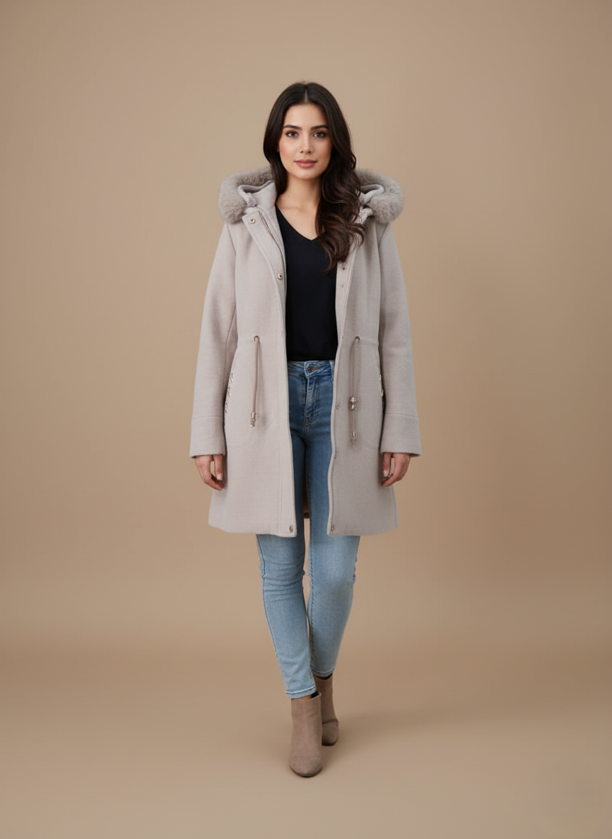 Stylish Faux Fur Hooded Women's Winter Parka Coat Women's winter parka with faux fur hood and drawstring waist in light grey, front view.