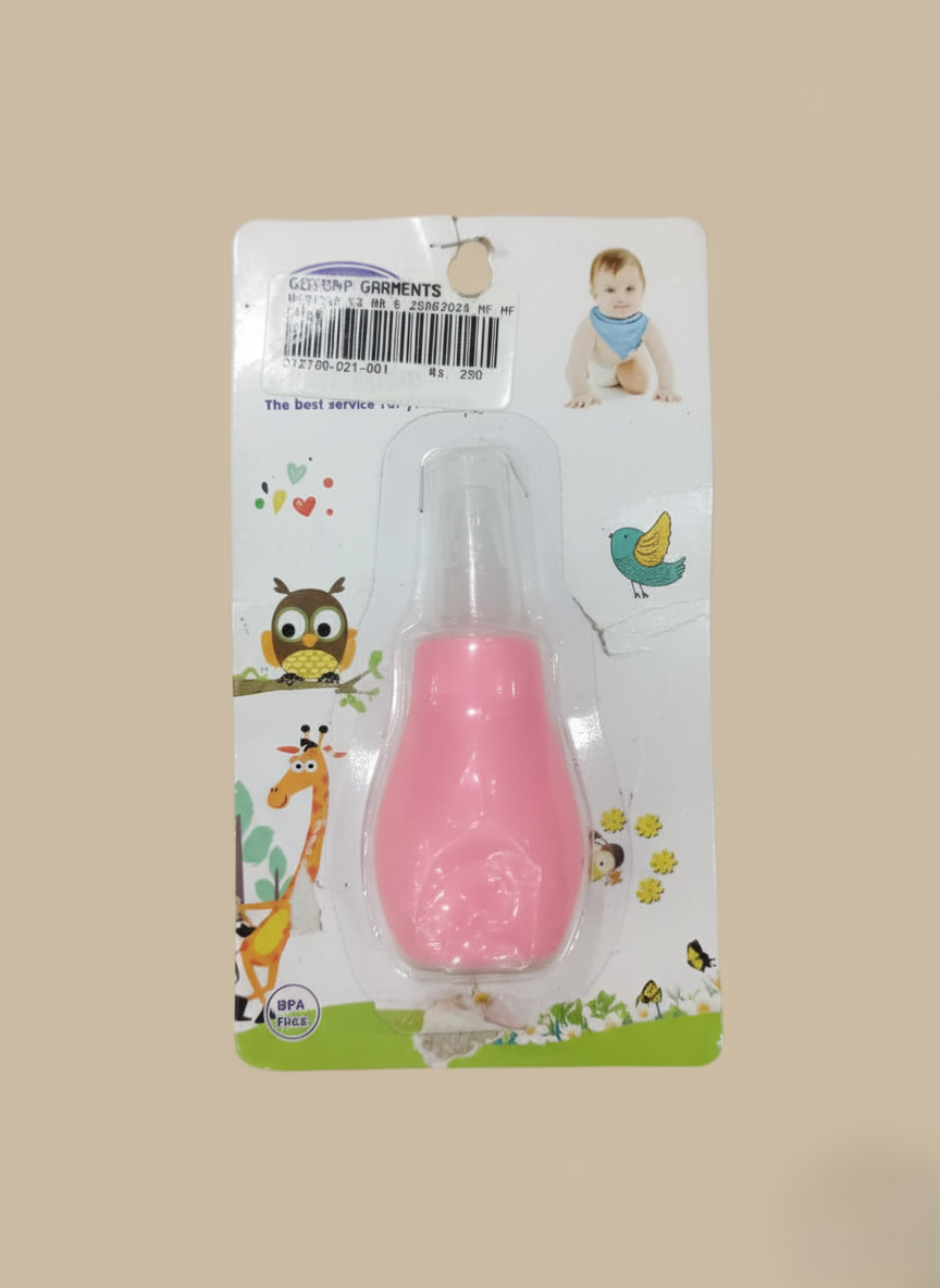 Soft pink baby nasal aspirator in packaging, BPA-free nose cleaner for newborns and infants.