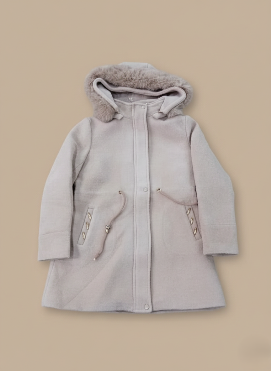 Women's winter parka with faux fur hood and drawstring waist in light grey, front view.