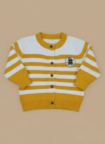 Yellow and white striped round neck kids sweater with a bear patch on a light brown background, front view.