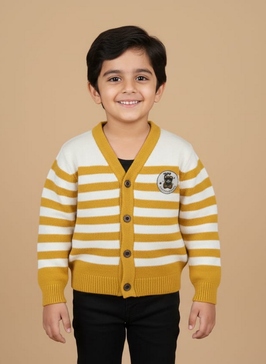 Yellow & White Striped V-Neck Kids Sweater with Bear Patch – Cozy Cotton Knit for Boys Young boy smiling in a yellow and white striped V-neck kids sweater with a brown bear patch and buttons.