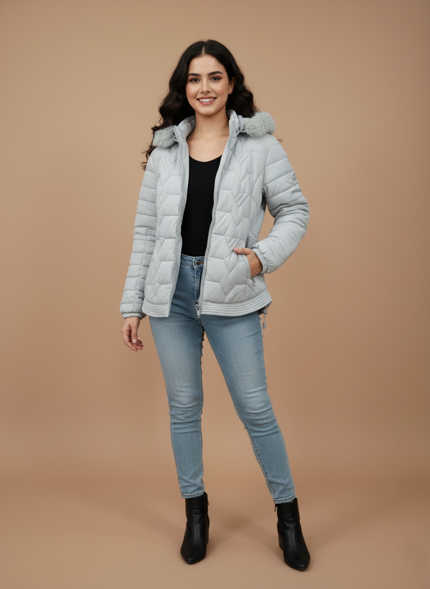 Women's Light Grey Quilted Hooded Puffer Jacket with Faux Fur Trim Light grey women's hooded puffer jacket with faux fur trim, quilted design, and zippered pockets.