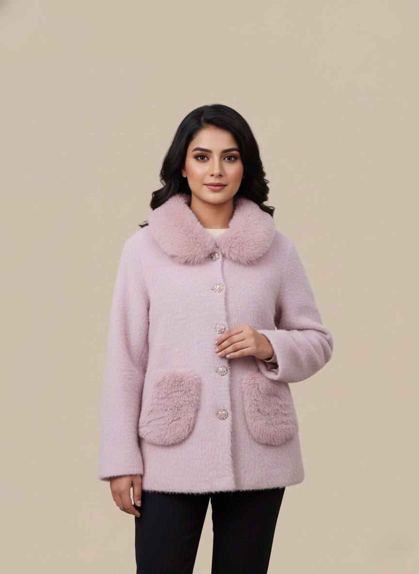 Cozy Pink Faux Fur Collar & Pocket Sweater Pink knit sweater with faux fur collar and pockets, a cozy cardigan for women.