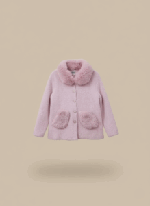 Pink knit sweater with faux fur collar and pockets, a cozy cardigan for women.