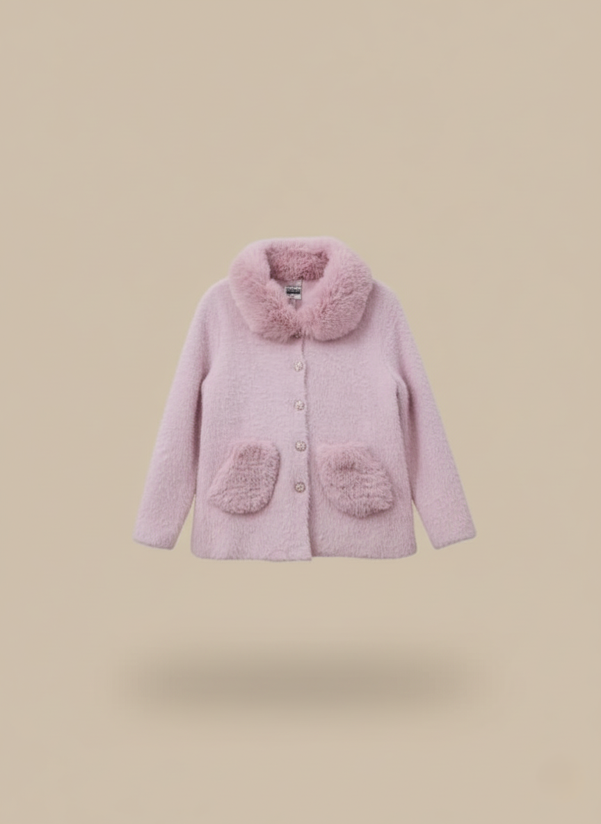 Pink knit sweater with faux fur collar and pockets, a cozy cardigan for women.